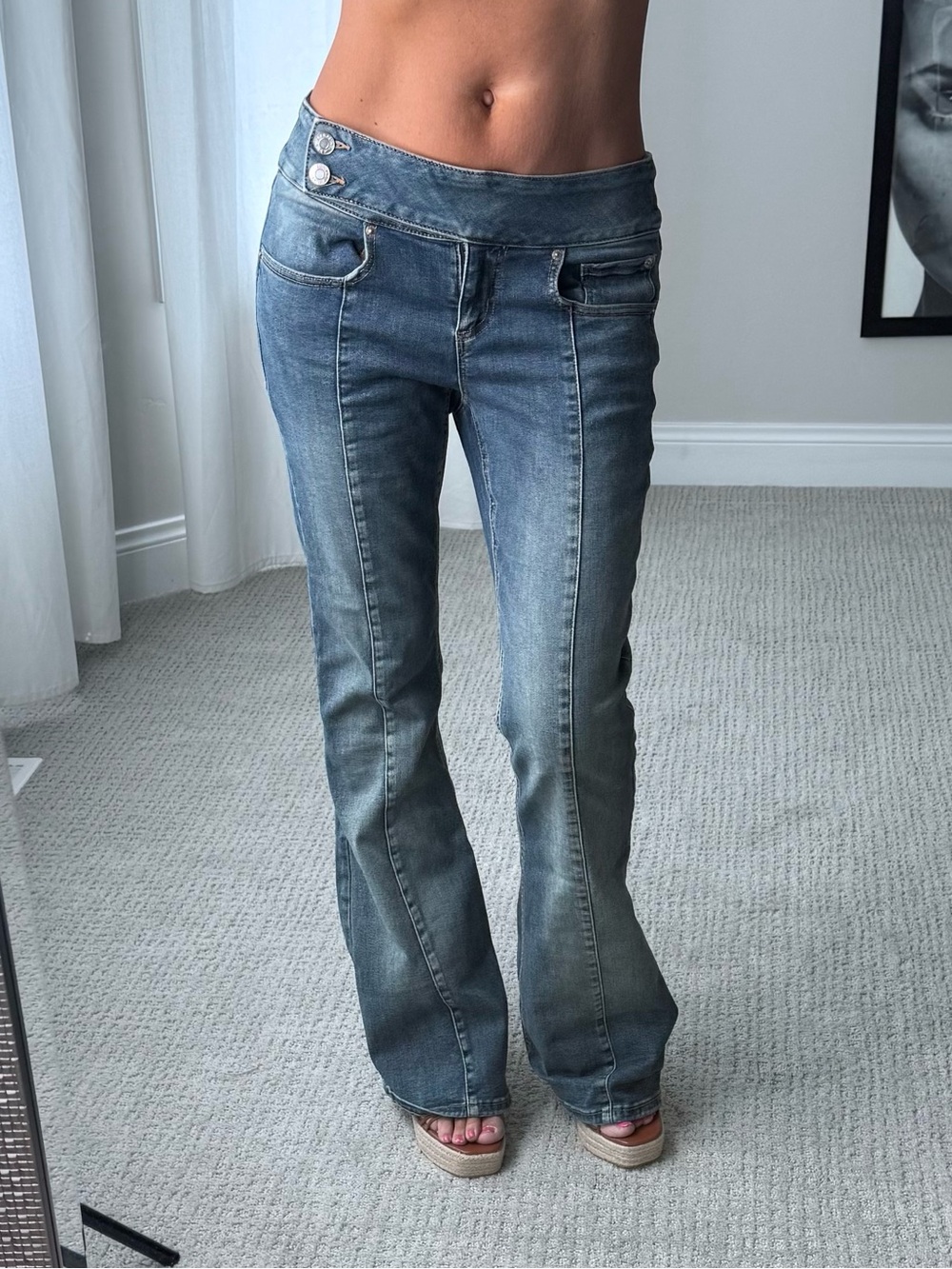 Y2K style Garage Low-Rise Flare Jeans in Washed Blue Denim